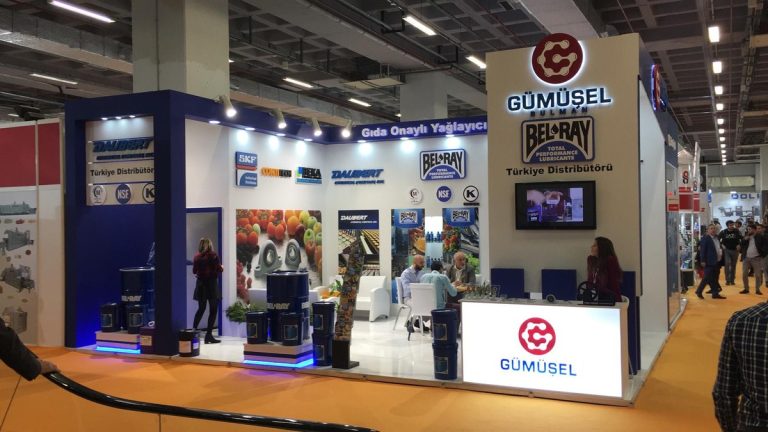 Exhibition Stand Builder in Istanbul 9 White and blue exhibition stand with product displays and a branded counter, built by Creostand